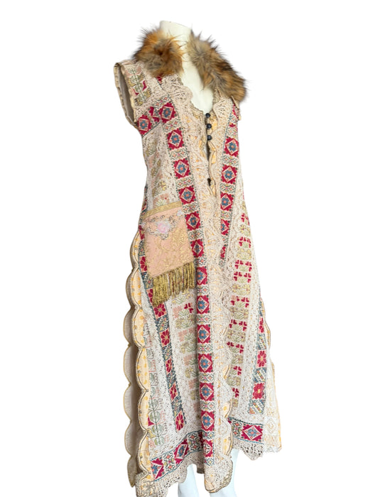 Chiara, 19th C Greek hand woven embroidered waistcoat with a faux fur collar and beaded side pocket