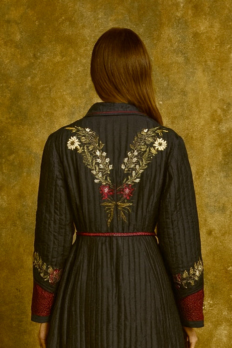 Tara, Victorian silk embroidered floral quilted long coat