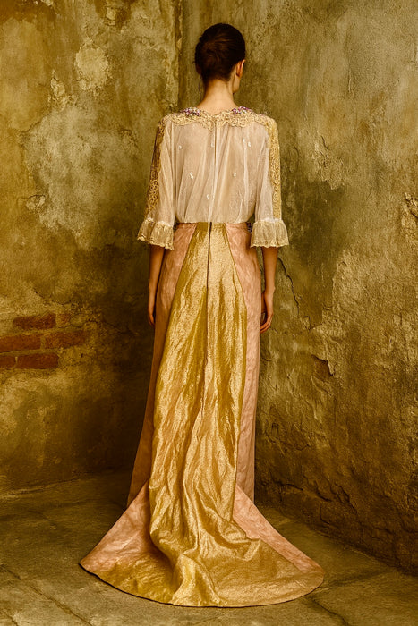 Aurora, reworked 18th C embroidered and lace dress
