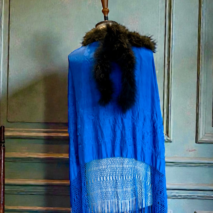 Sasha, 40s cobalt blue embroidered piano shawl feather fringed cape