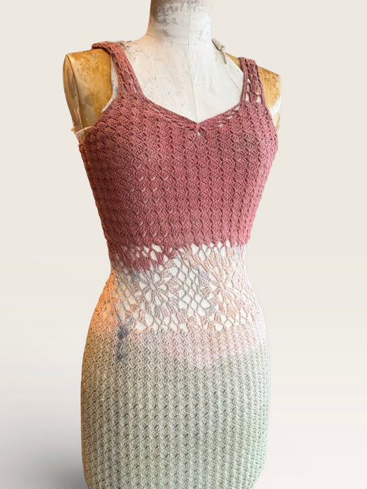 Yarn, 70s crochet hand dyed ombré fishtail dress
