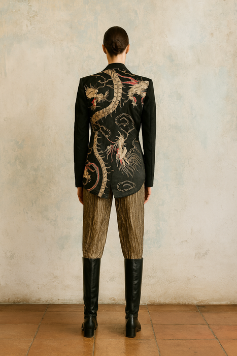 Jen, reworked 40s wool tail coat with Antique gold dragon embroidered design