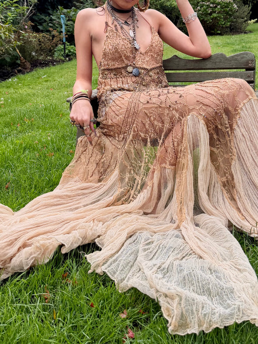 Sienna, reworked 90s beaded soft gold dress with cheesecloth inserts