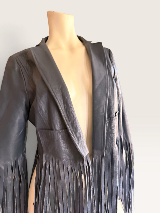 Kate Moss, for Top Shop Y2K navy leather fringed jacket