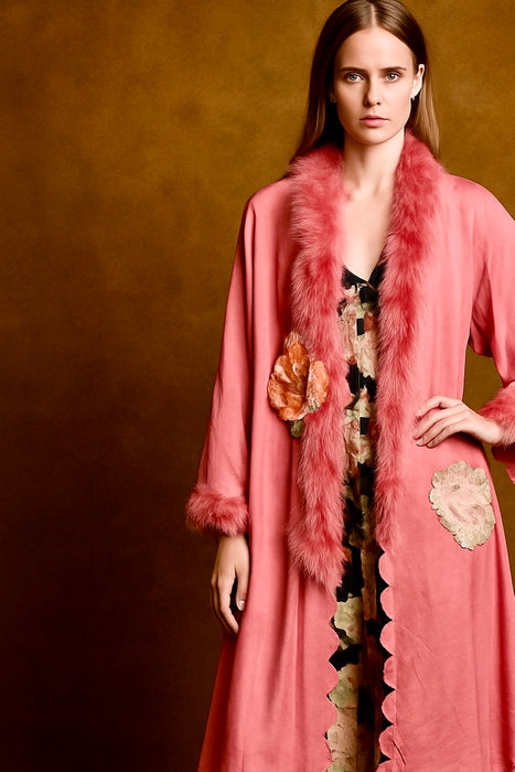 Lolie, 30s silk feather scalloped silk robe with lace inserts and floral button