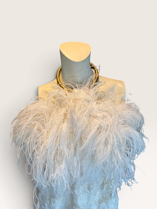 Bodie, vintage white ostrich feather and Victorian silk ruffle skirt