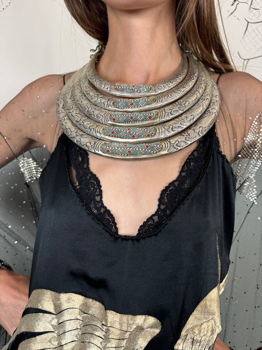 Birdie, Balinese antique metal etched tiered necklace