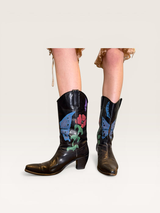 Dallas, 70s black leather hand painted cowboy boots