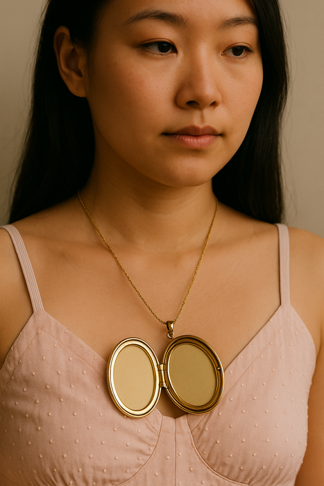 Flora, 40s gold brushed large locket pendant with 14 carat gold chain
