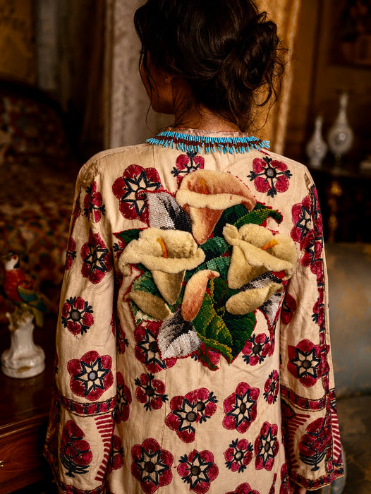 Chapan, early 19th C Uzbek chapan embroidered and beaded robe with couched Edwardian floral embroidery and turquoise buckle