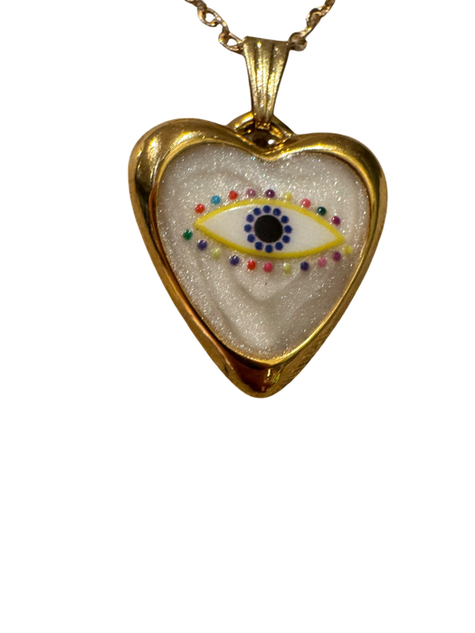 Erin, vintage heart shape ceramic eye charm and 14 c gold pendant and chain