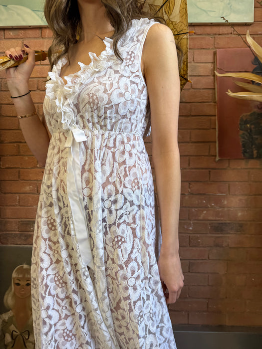 Charlie, 60s white lace dress and robe set