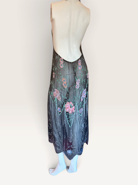 Dana, reworked 1920s black beaded floral fringed silk chiffon scalloped dress