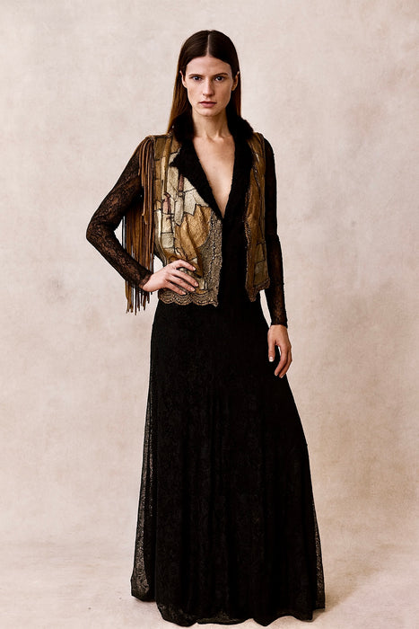 Tai, vintage metallic patchwork fringed sheepskin waistcoat