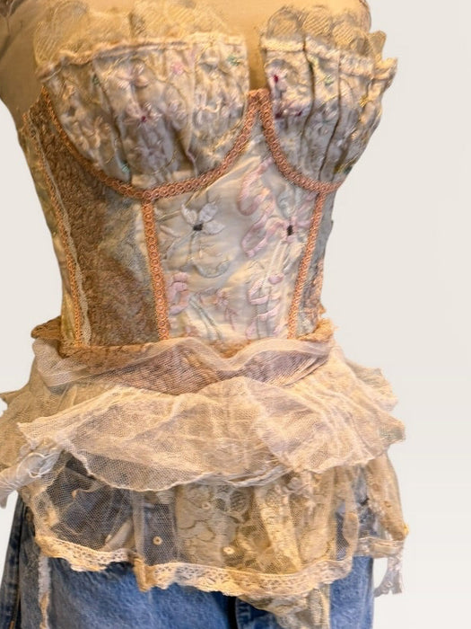 Mirabelle, repurposed 60s  corset with French organza, lace and floral embroidery
