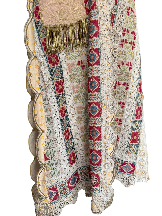 Chiara, 19th C Greek hand woven embroidered waistcoat with a faux fur collar and beaded side pocket