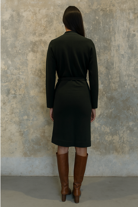 Donna Karen, Y2K bottle green wool draped wrap over dress