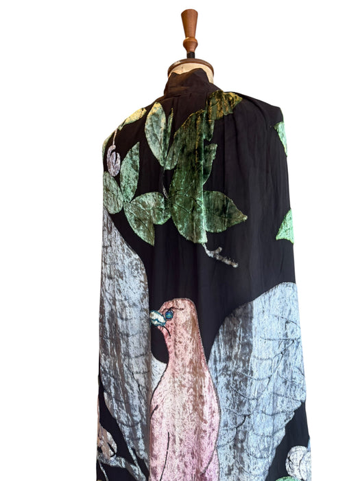 Hanna, Art Nouveau silk devorée chiffon cape with large bird and floral print
