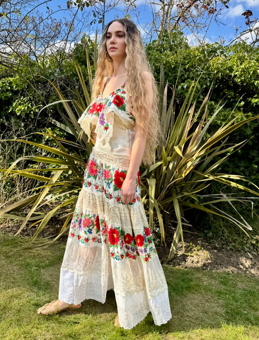 Calico, 40s reworked Mexican floral and lace embroidered dress
