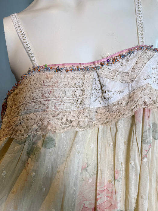 Mattie, reworked Victorian frill, floral cotton dress and lace beaded details