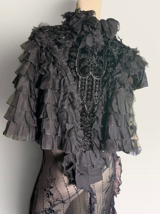 Elma, Victorian black silk ruffled cape with velour jet beaded collar