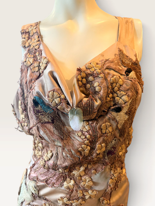 Daria, reworked antique pink bias cut silk and 1930s découpage gown