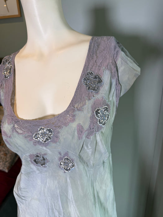 Odette, 1930s hand dyed antique blue silk and lace beaded dress