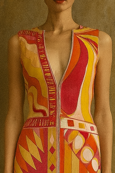 Pucci, 70s documented silk jersey print long dress with front zip