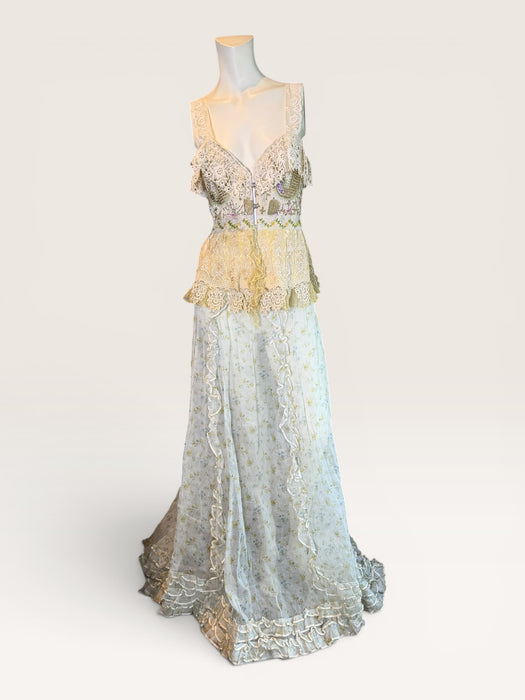 Sage, reworked Victorian embellished corset and organza frill long floral print skirt