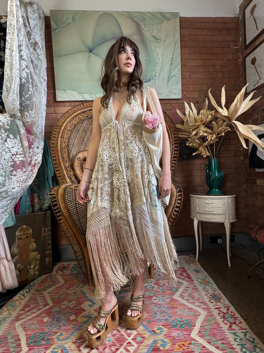 Paula, reworked 30s lace and silk fringed dress