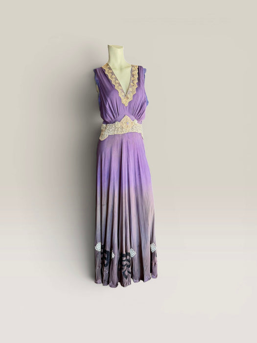 Lavender, 1930s hand dyed silk and lace dress with lace ribbon inserts