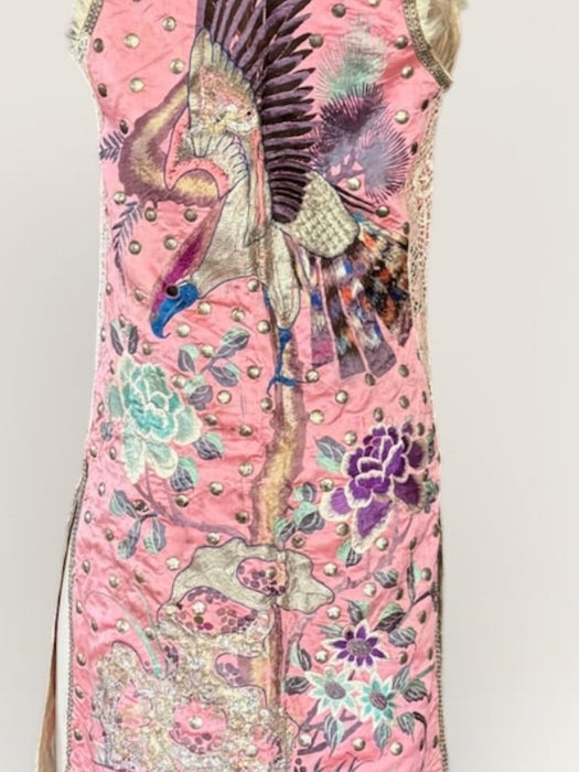 Adage, 19thC pink silk embroidered Chinese long waistcoat with feather collar