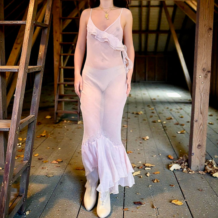 Honey, 90s pink chiffon bias cut, beaded dress