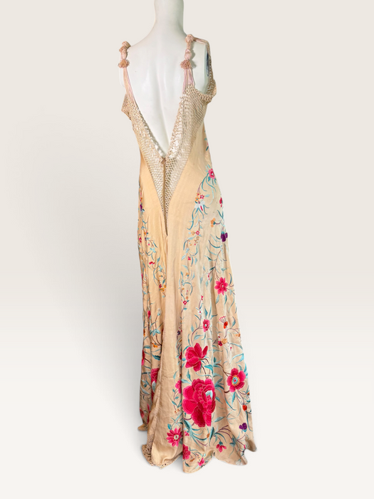 Bailey, reworked bias cut floral embroidered piano shawl dress