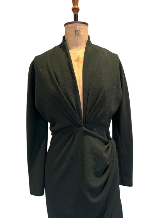 Donna Karen, Y2K bottle green wool draped wrap over dress