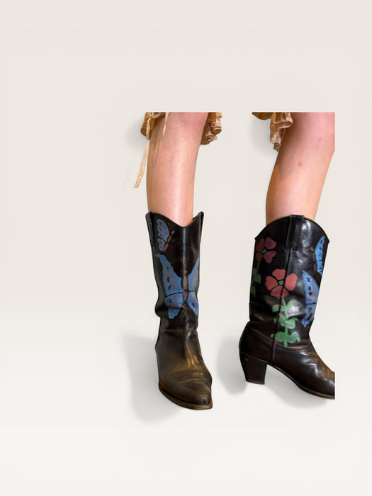 Dallas, 70s black leather hand painted cowboy boots