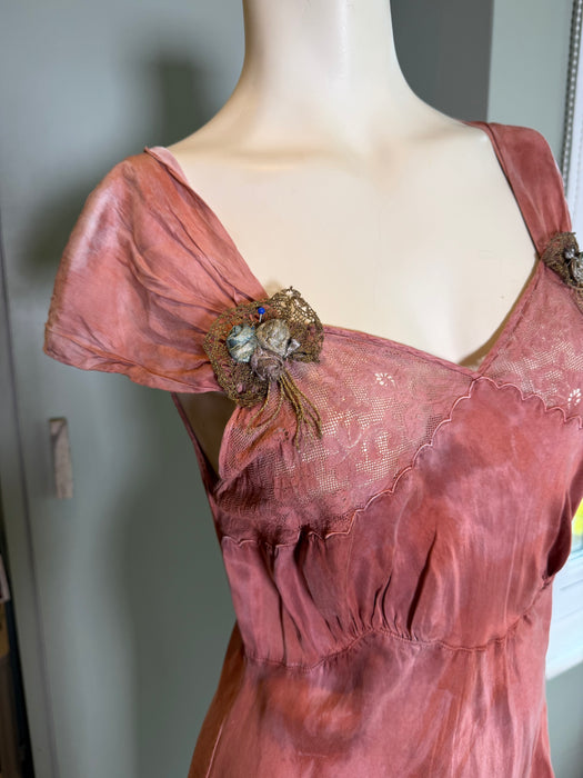 Martha, hand dyed 1930s silk and lace dress with hand made metallic rosettes