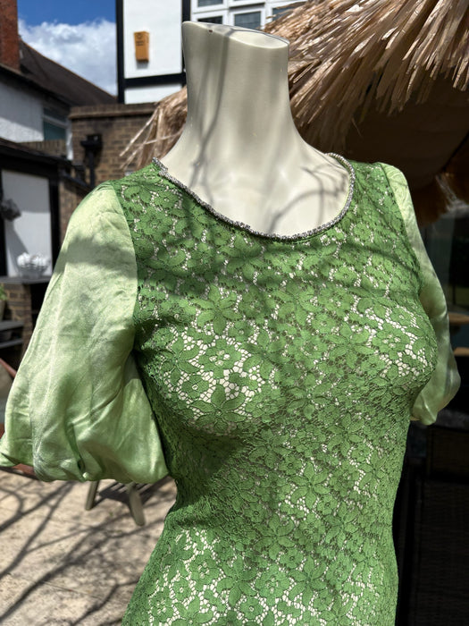 Astrid, 1930s silk and lace green hand dyed bias cut dress with rhinestone details