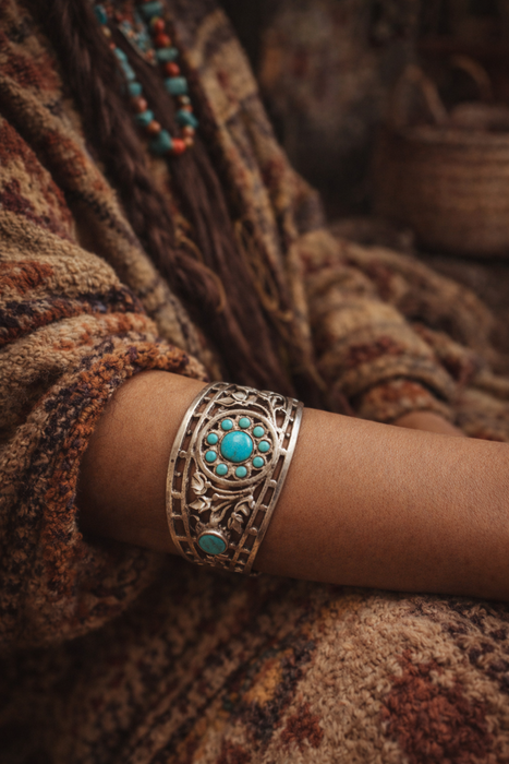 Julia, antique Native American silver turquoise cage etched cuff