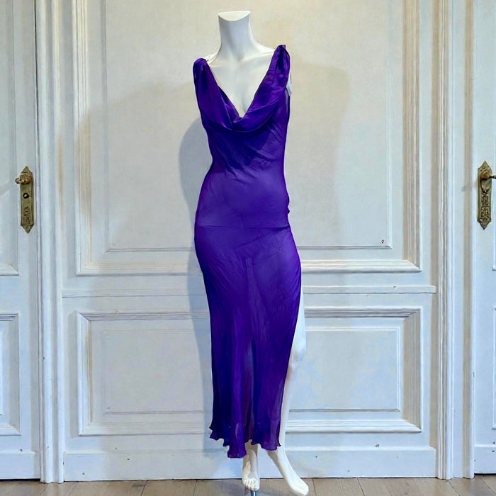 Axil, 90s purple silk chiffon bias cut dress with cowl neck