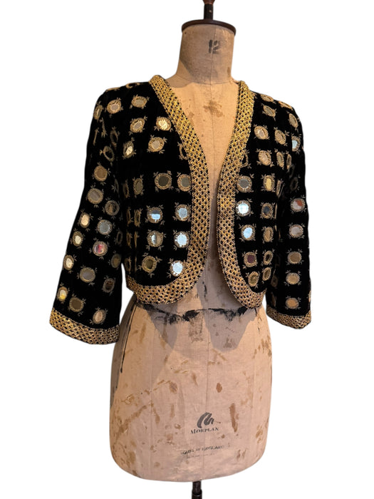 Lola, 70s bohemian black velvet mirrored jacket with gold thread