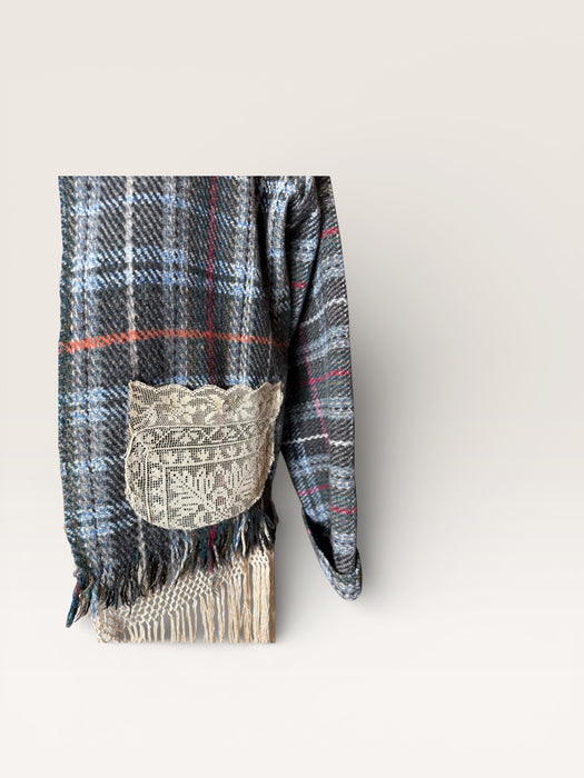 Tais, reworked 70s checked blanket with lace pockets and 20s glove