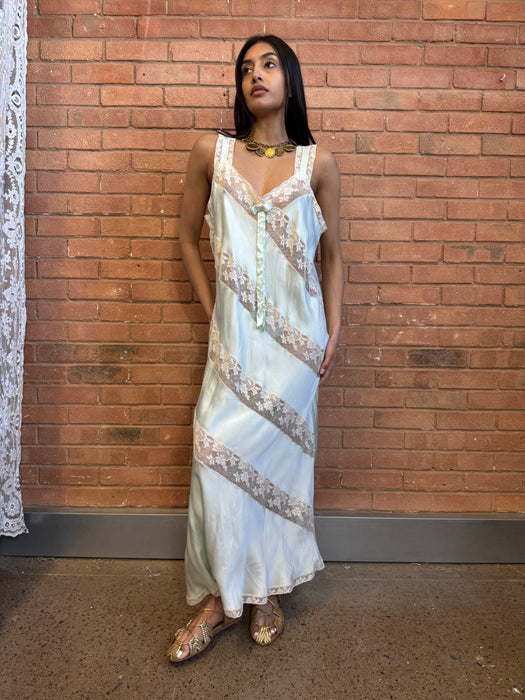 Sabrina, 30s pale green silk and lace dress