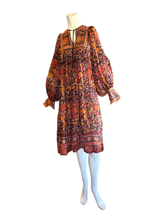 Anchor, 70s silk Indian block print balloon sleeves belted dress