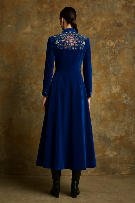 Stevie, 70s couture blue velvet double breasted jewelled coat