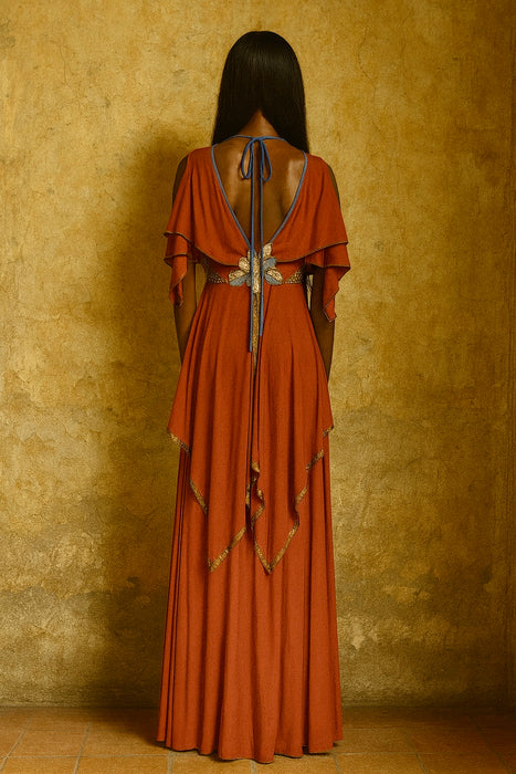 Maude, 70s jersey embroidered tiered dress
