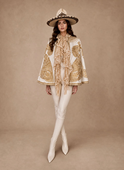 Shay, Ottoman cream and gold embroidered cape with cream lace ruffle collar