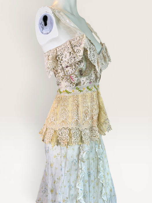 Sage, reworked Victorian embellished corset and organza frill long floral print skirt