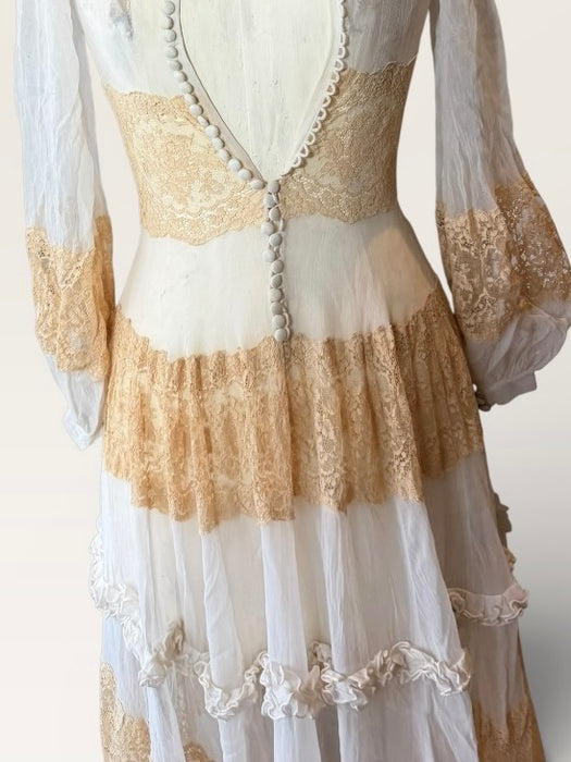 Sabine, 30s off white chiffon and cream lace tiered buttoned dress