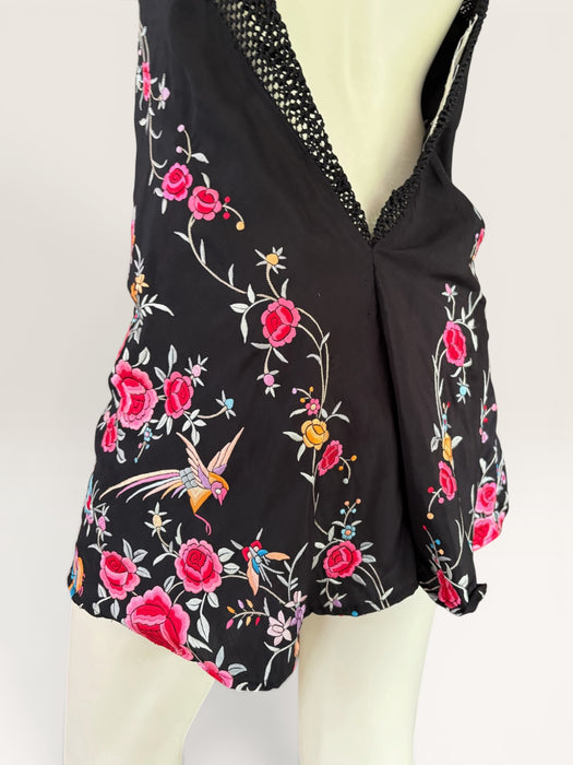 Blackbird, reworked 40s black silk piano shawl floral short dress